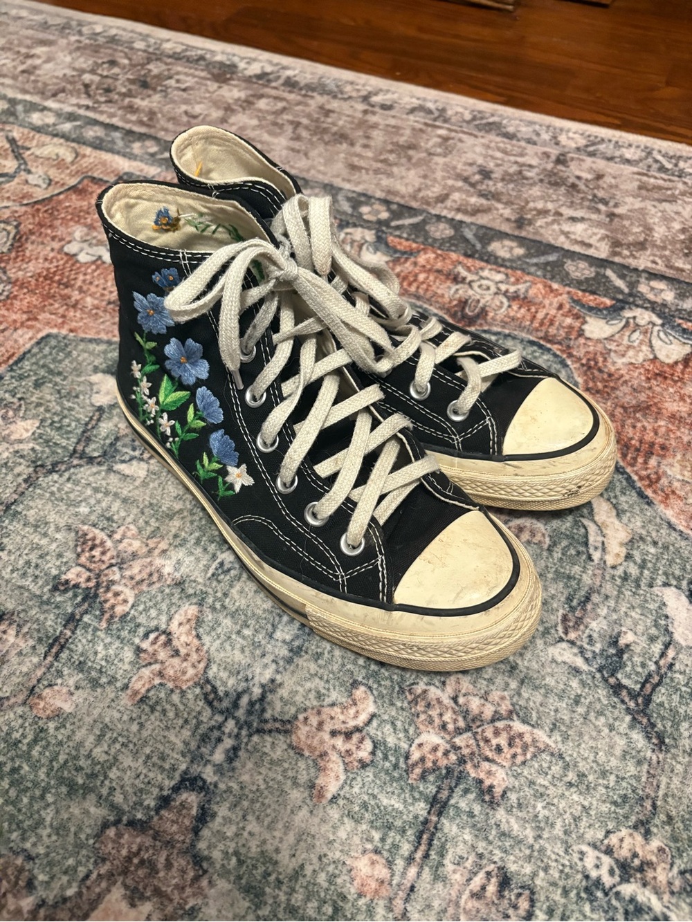 Black High-Top Sneakers with Blue Floral Embroidery